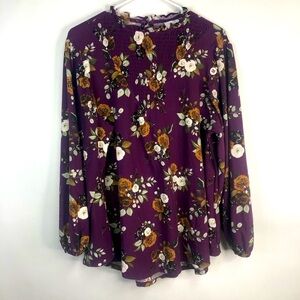 Lu La Roe plum purple floral long sleeve crew neck ruffle edge top M